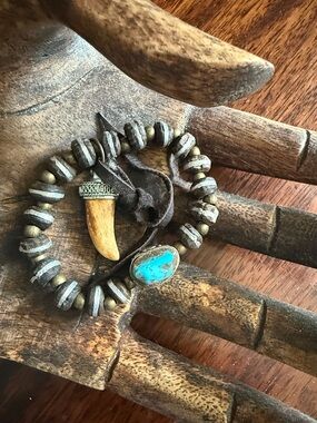 Boho Turquoise and Wood Bead Bracelet with Tooth Charm
